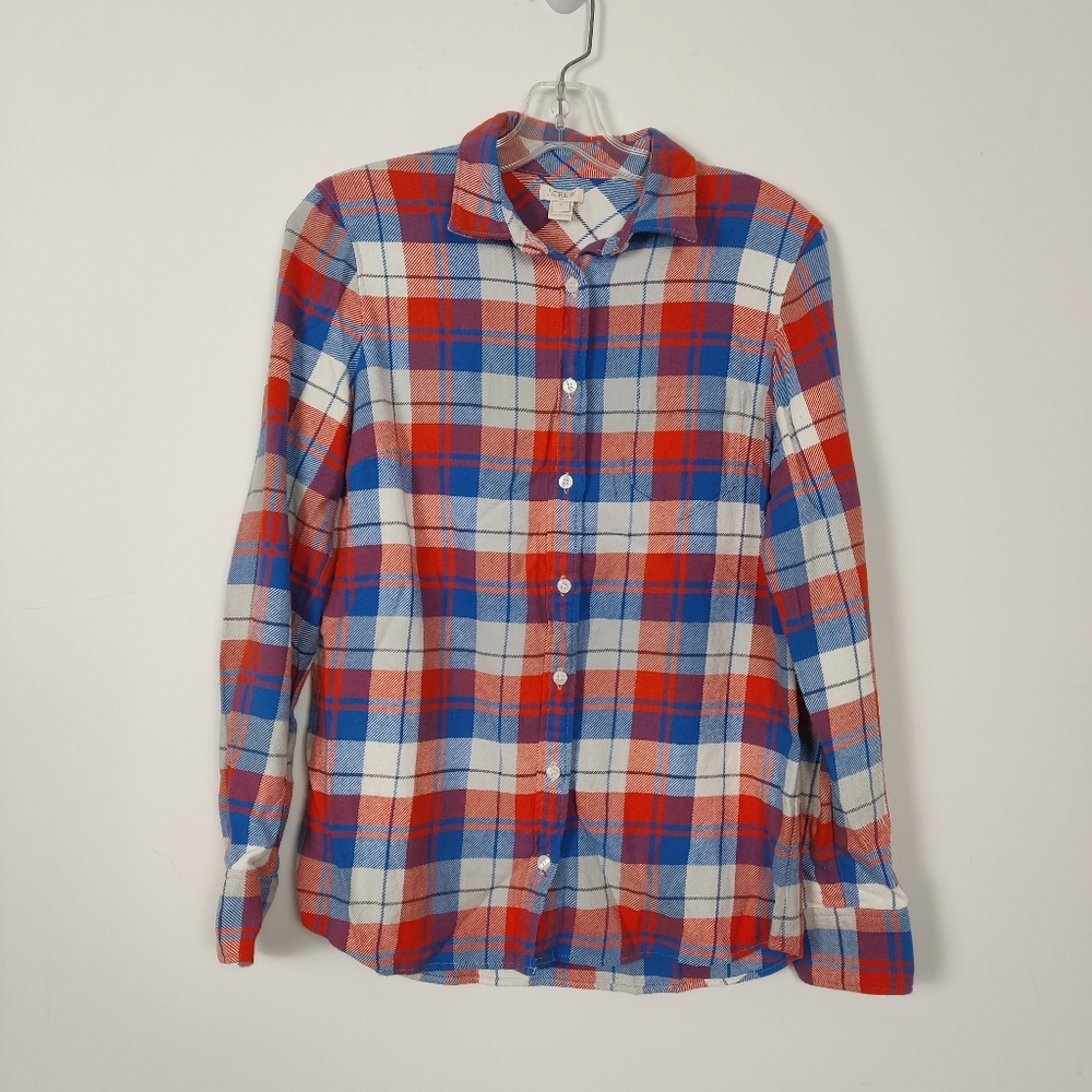 J. Crew Women's Plaid Flannel Button Down Shirt in Orange Blue Size Small Cotton